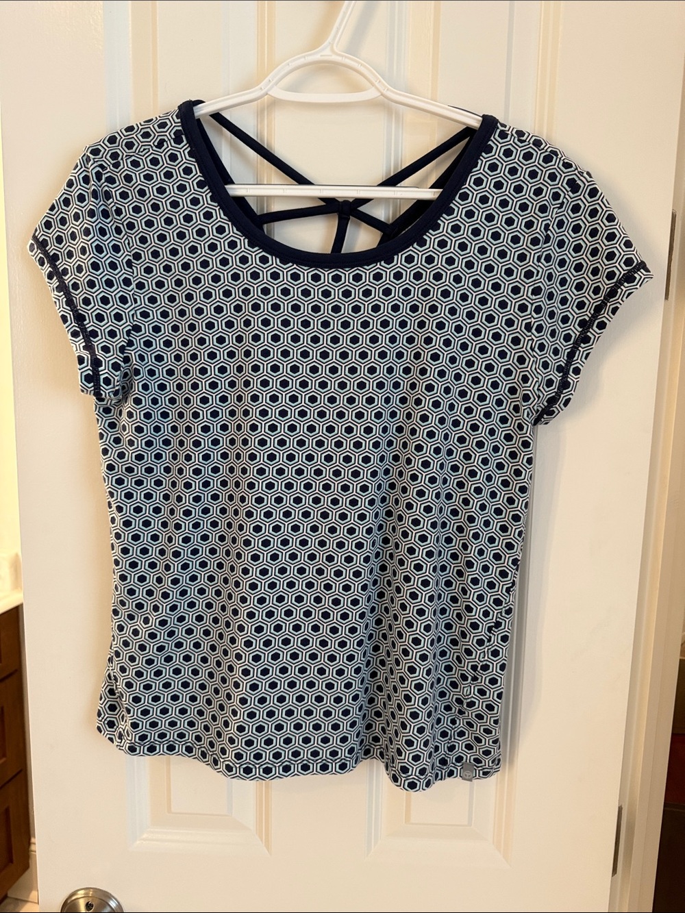 Talbots Navy and White Geo Print Short Sleeve Top